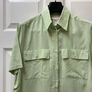Vintage Christie & Jill Sz M Silk Green Striped Button Up‎ Blouse Short Sleeve